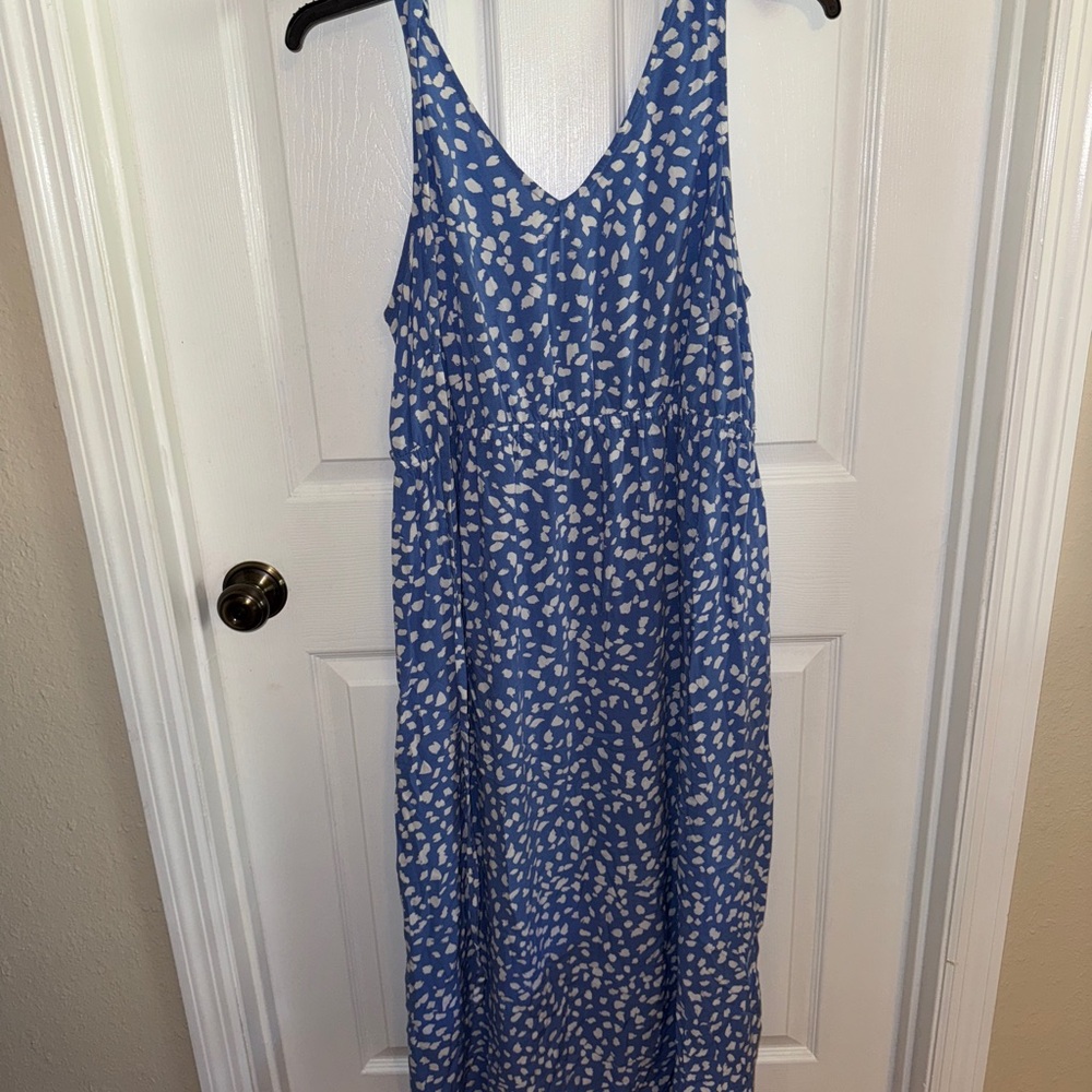 Blue and White V-Neck Maxi Sundress